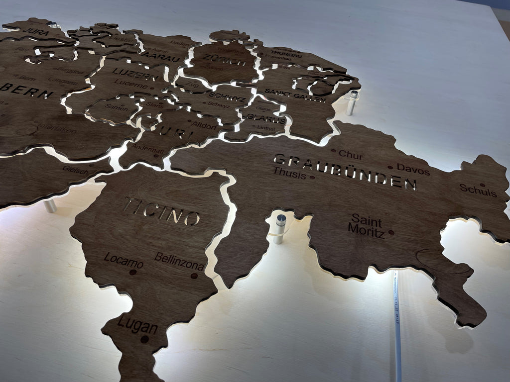 Switzerland LED map on acrylic glass with backlighting between regions color Rosewood — buy | FACTURA