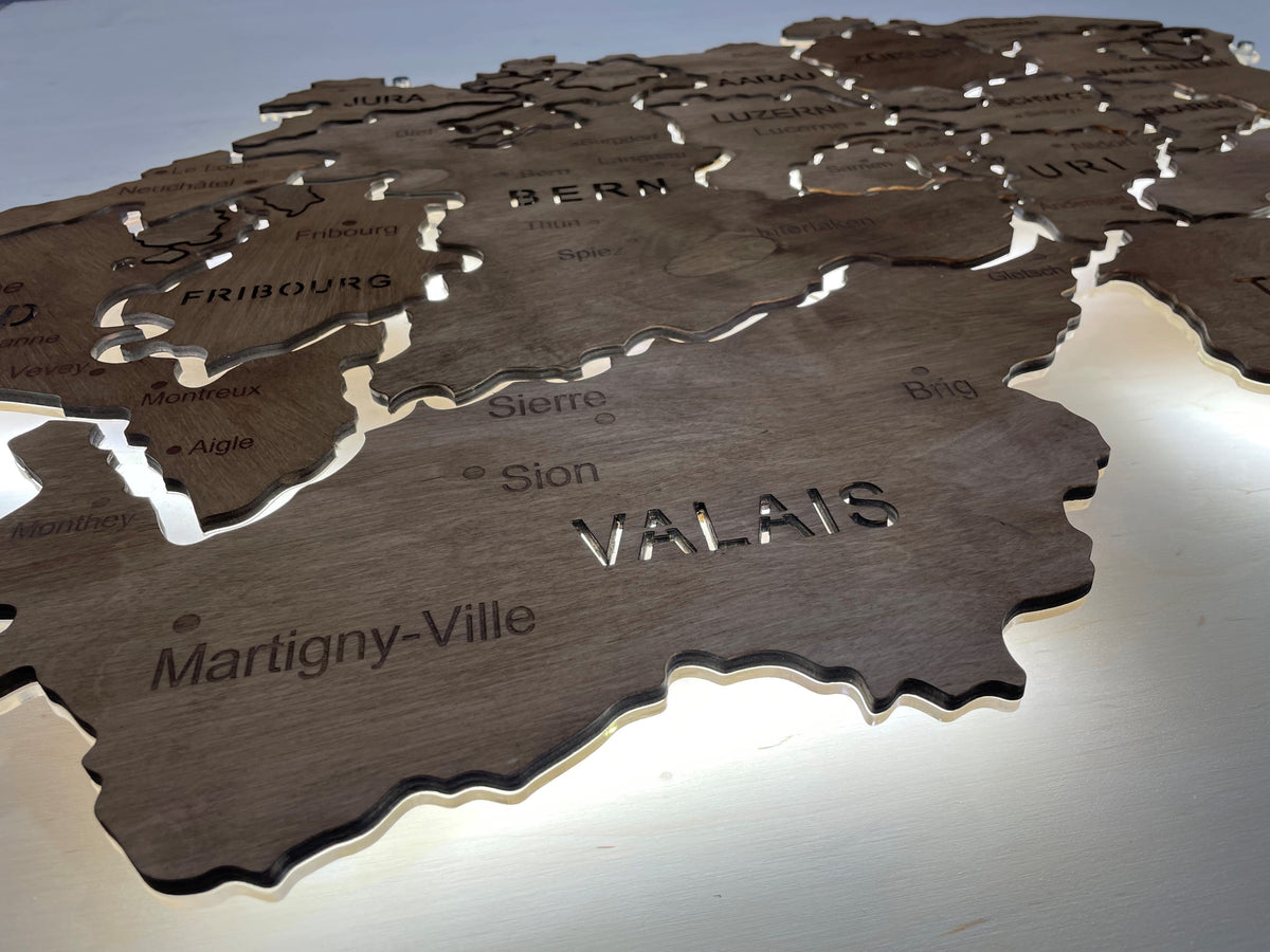 Switzerland LED map on acrylic glass with backlighting between regions color Rosewood — buy | FACTURA