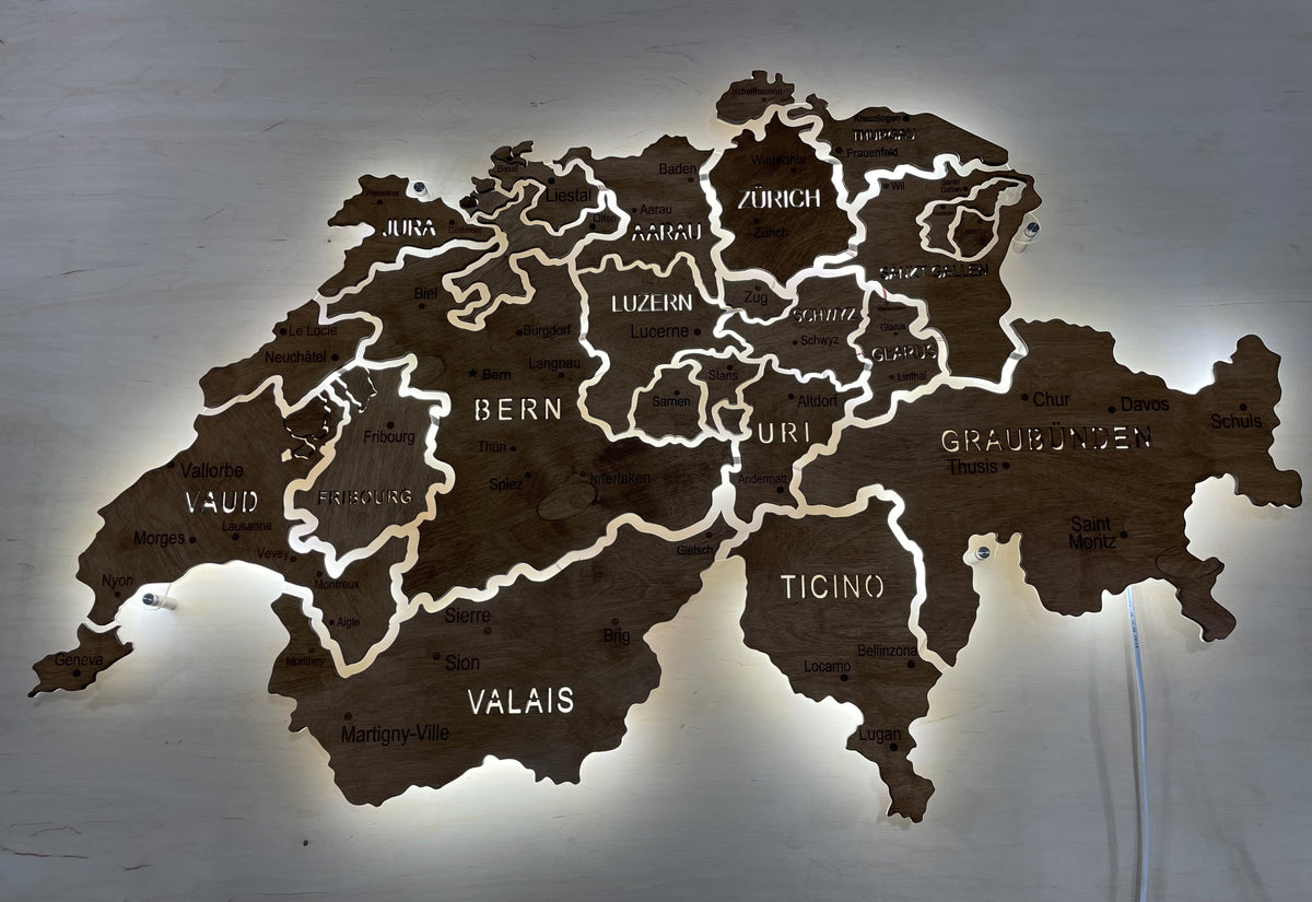 Switzerland LED map on acrylic glass with backlighting between regions color Rosewood — buy | FACTURA