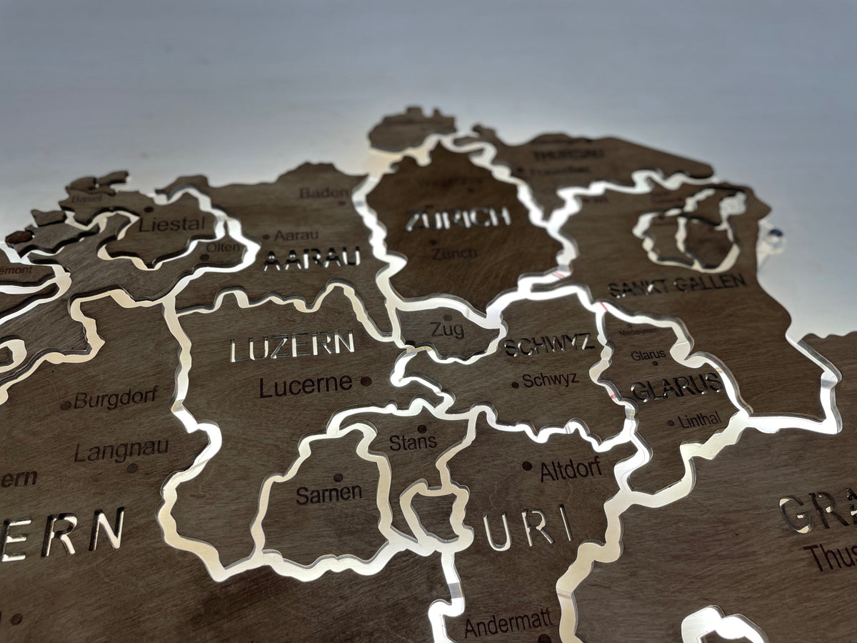 Switzerland LED map on acrylic glass with backlighting between regions color Rosewood — buy | FACTURA