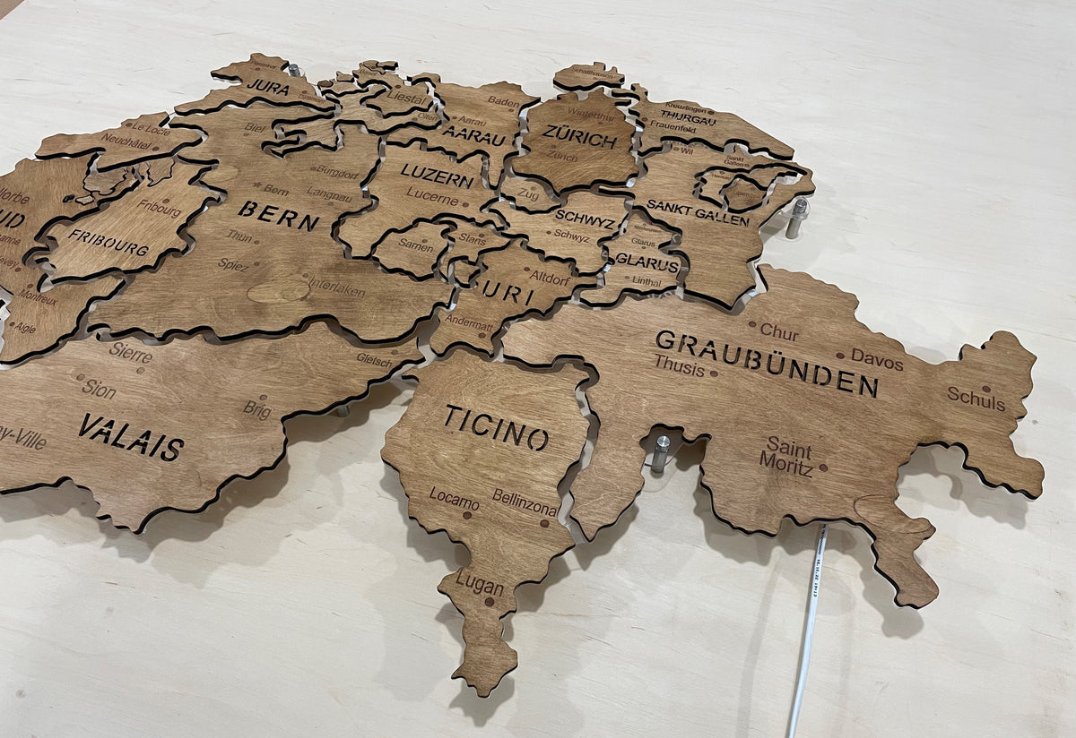 Switzerland LED map on acrylic glass with backlighting between regions color Rosewood — buy | FACTURA