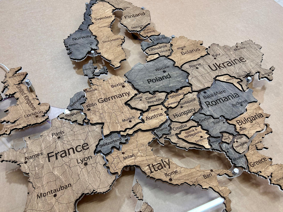 Europe LED map on acrylic glass with backlighting between countries color Dark Tree — buy | FACTURA