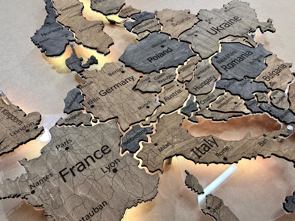 Europe LED map on acrylic glass with backlighting between countries color Dark Tree — buy | FACTURA