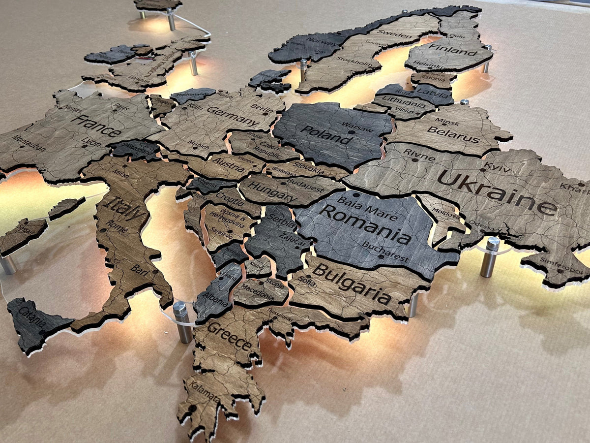 Europe LED map on acrylic glass with backlighting between countries color Dark Tree — buy | FACTURA