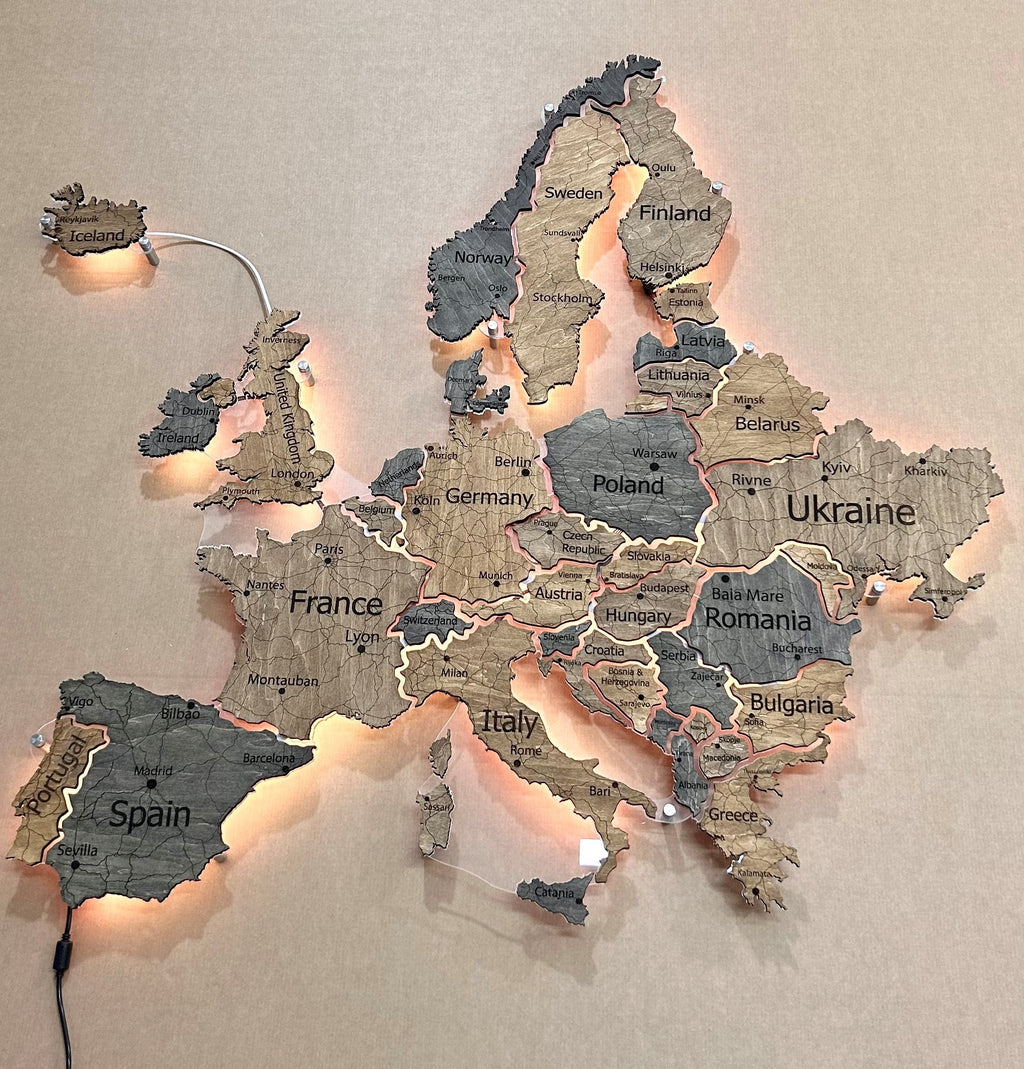 Europe LED map on acrylic glass with backlighting between countries color Dark Tree — buy | FACTURA