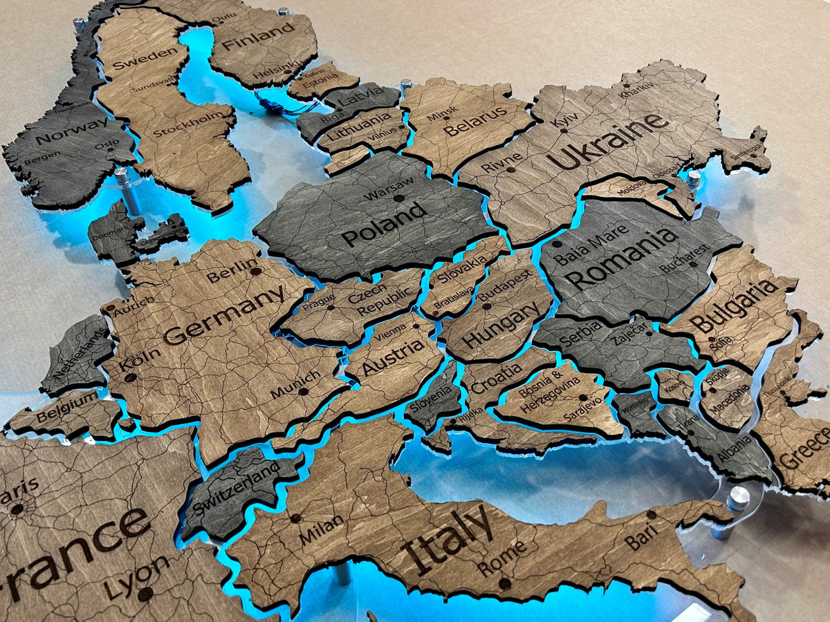 Europe LED RGB map on acrylic glass with backlighting between countries color Dark Tree — buy | FACTURA