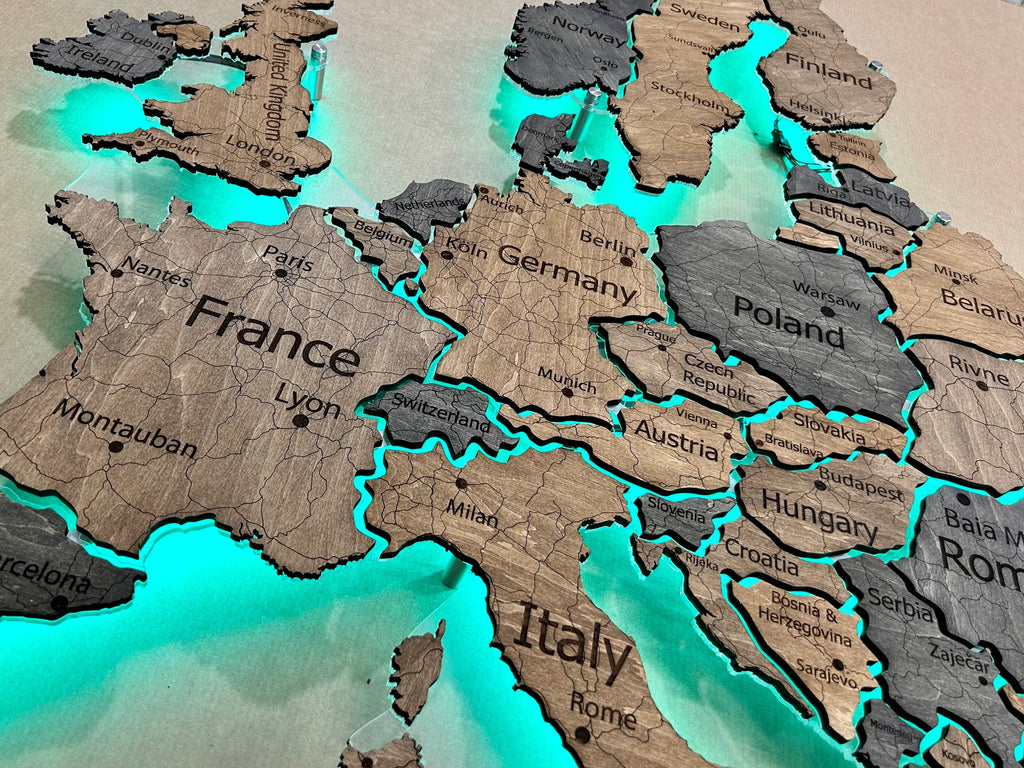 Europe LED RGB map on acrylic glass with backlighting between countries color Dark Tree — buy | FACTURA