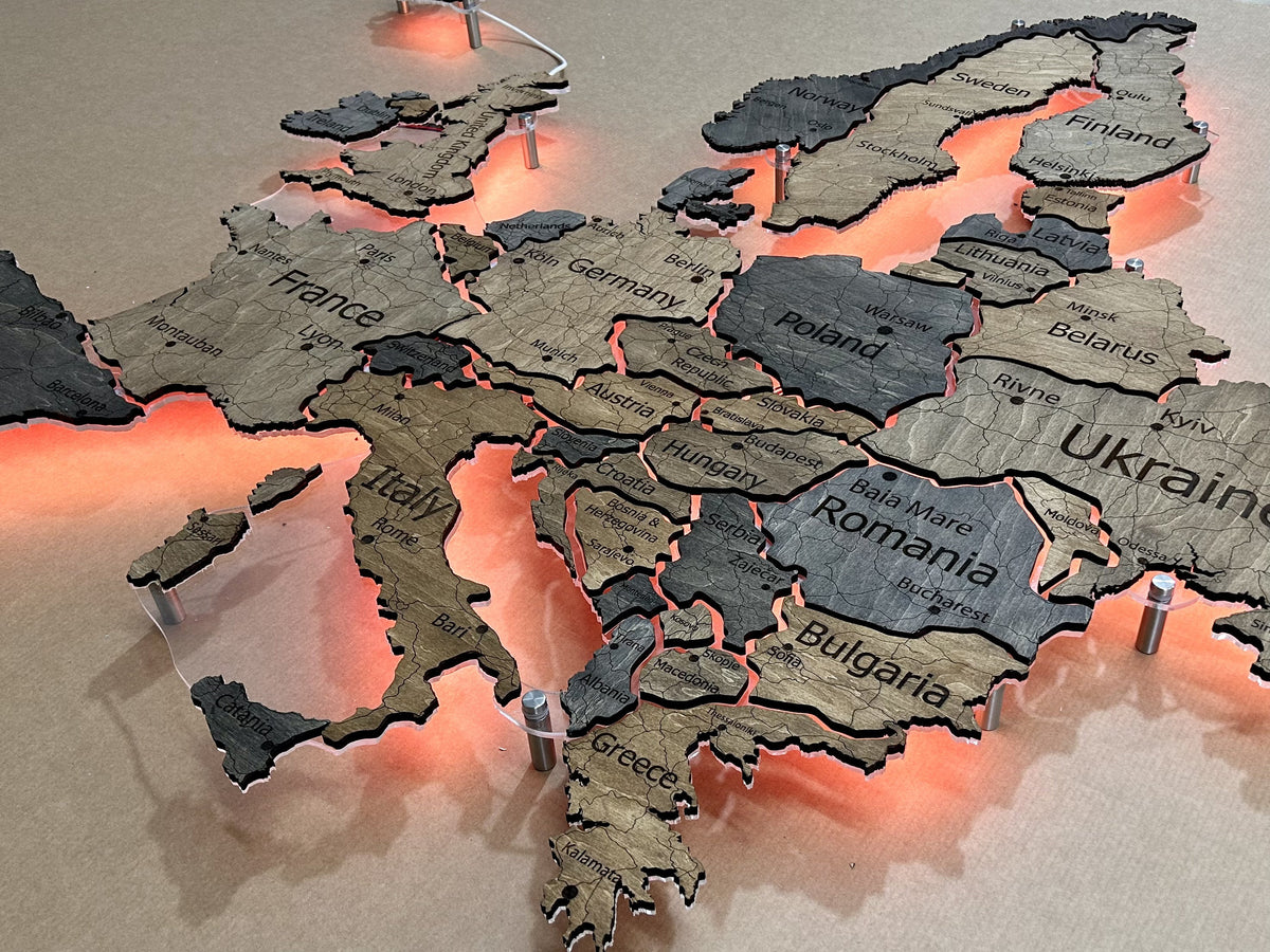 Europe LED RGB map on acrylic glass with backlighting between countries color Dark Tree — buy | FACTURA