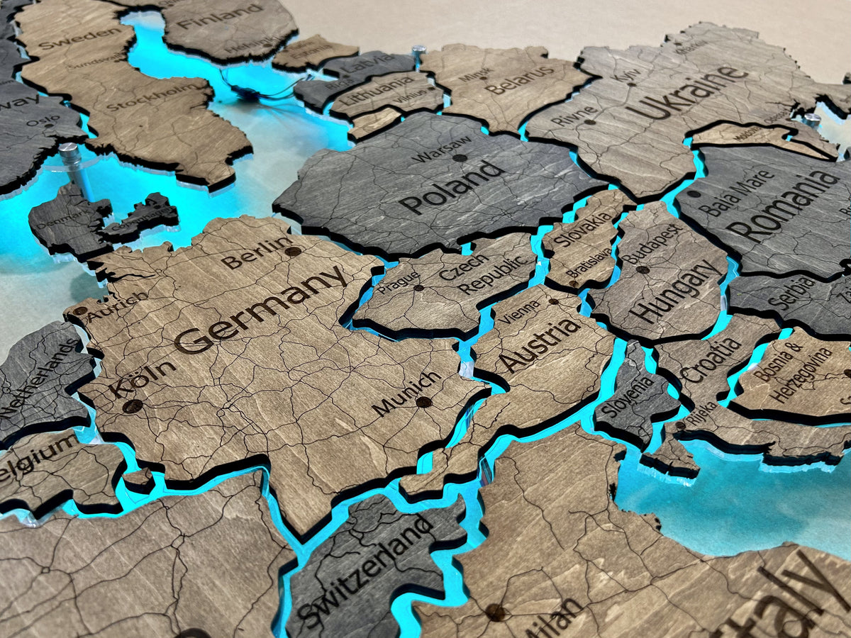 Europe LED RGB map on acrylic glass with backlighting between countries color Dark Tree — buy | FACTURA
