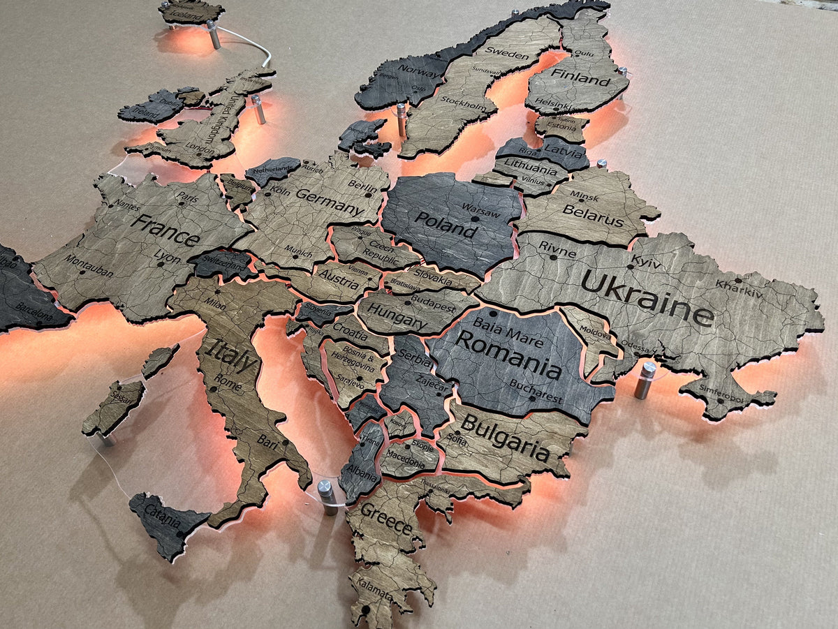 Europe LED RGB map on acrylic glass with backlighting between countries color Dark Tree — buy | FACTURA