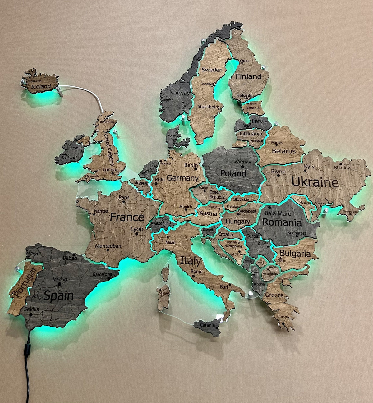 Europe LED RGB map on acrylic glass with backlighting between countries color Dark Tree — buy | FACTURA