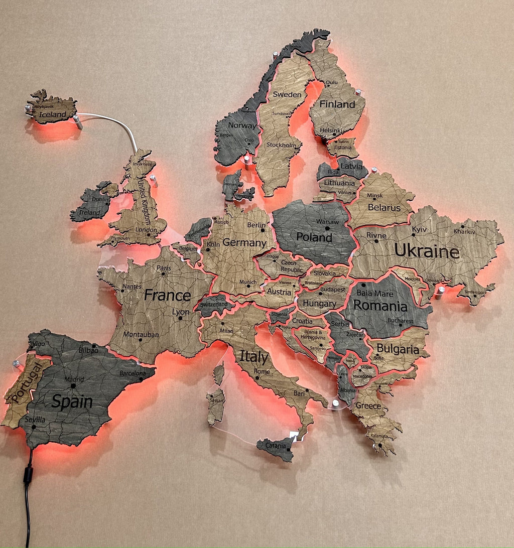 Europe LED RGB map on acrylic glass with backlighting between countries color Dark Tree — buy | FACTURA