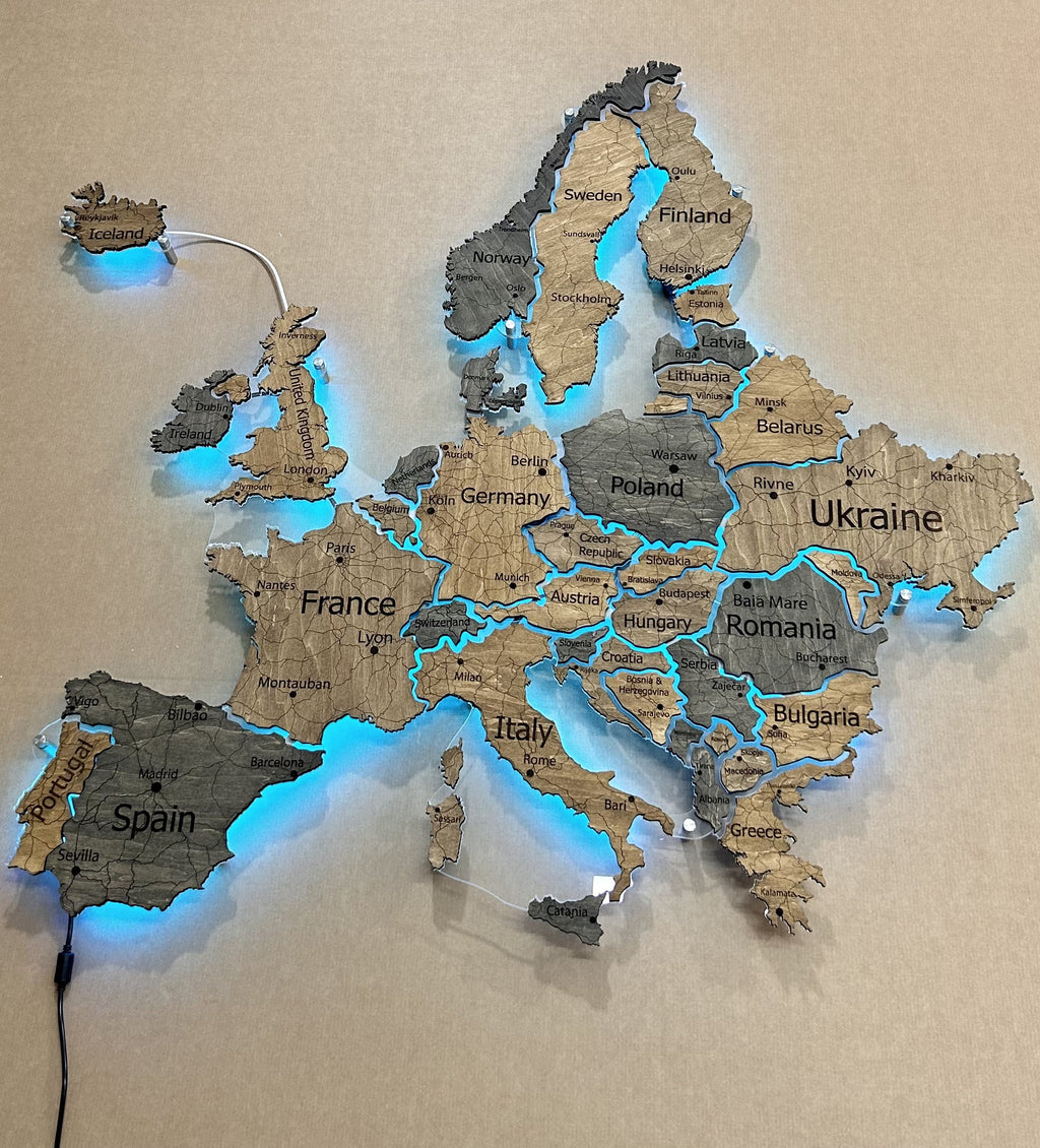 Europe LED RGB map on acrylic glass with backlighting between countries color Dark Tree — buy | FACTURA