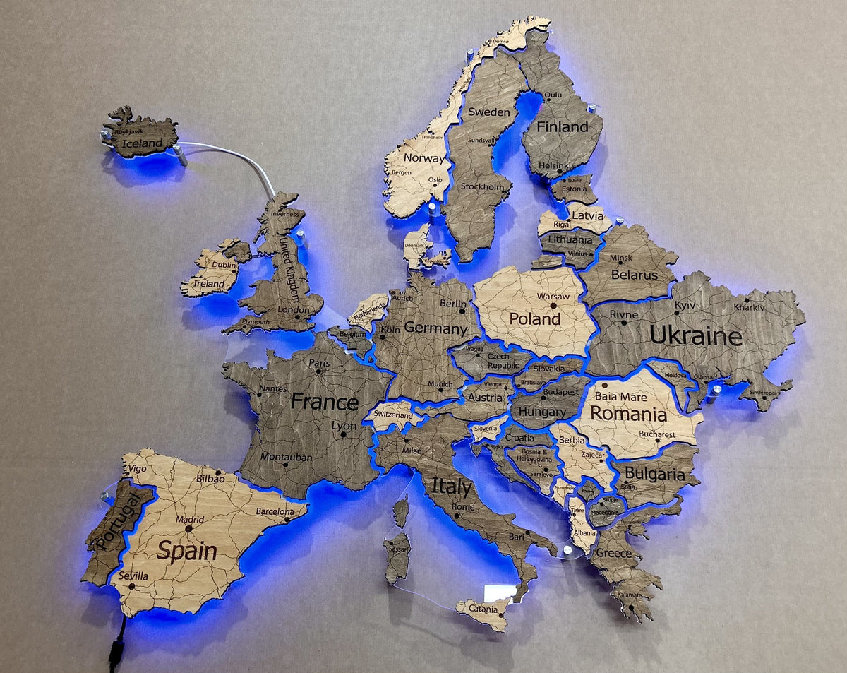 Europe LED RGB map on acrylic glass with backlighting between countries color Nobel — buy | FACTURA