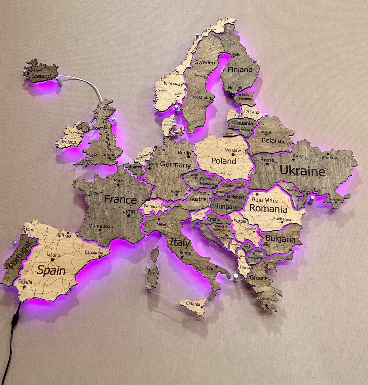 Europe LED RGB map on acrylic glass with backlighting between countries color Nobel — buy | FACTURA