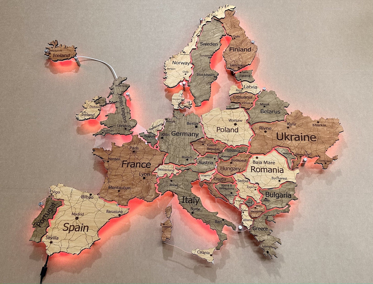 Europe LED RGB map on acrylic glass with backlighting between countries color Warm — buy | FACTURA