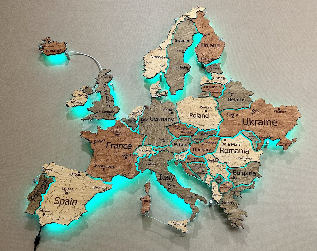 Europe LED RGB map on acrylic glass with backlighting between countries color Warm — buy | FACTURA