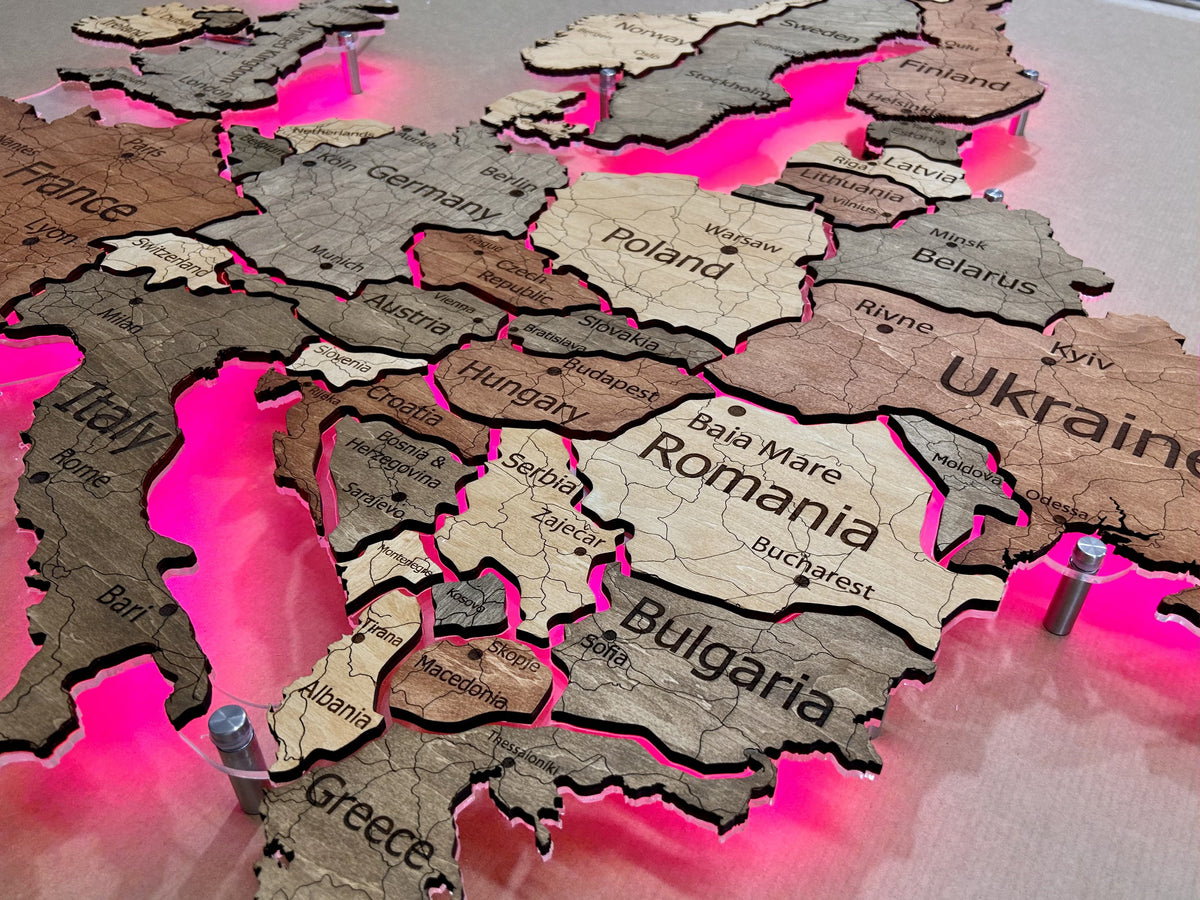 Europe LED RGB map on acrylic glass with backlighting between countries color Warm — buy | FACTURA
