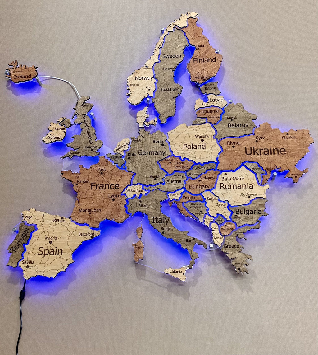 Europe LED RGB map on acrylic glass with backlighting between countries color Warm — buy | FACTURA