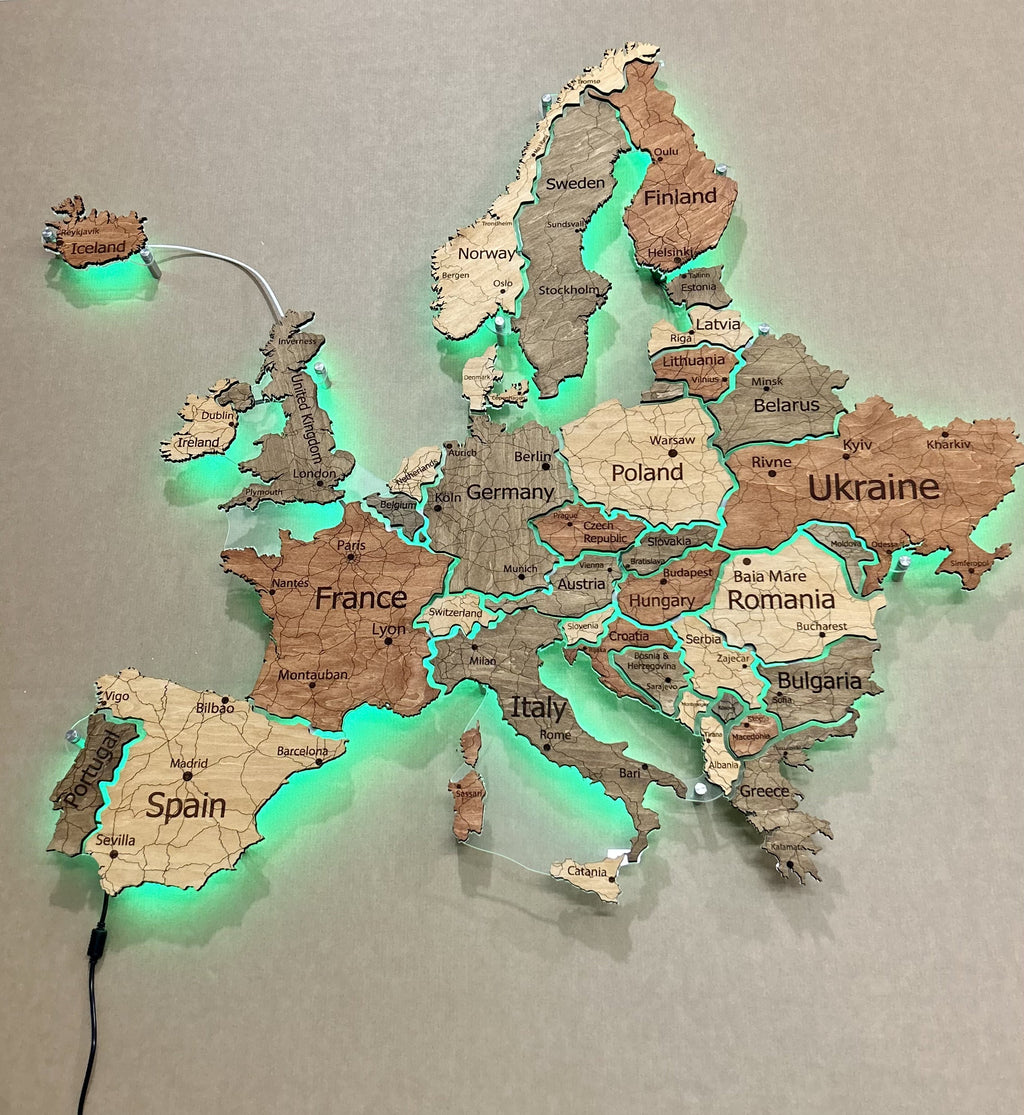 Europe LED RGB map on acrylic glass with backlighting between countries color Warm — buy | FACTURA