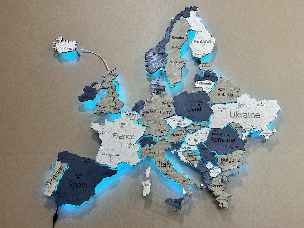 Europe LED RGB map on acrylic glass with backlighting between countries color Deep — buy | FACTURA