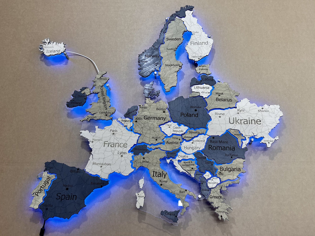 Europe LED RGB map on acrylic glass with backlighting between countries color Deep — buy | FACTURA