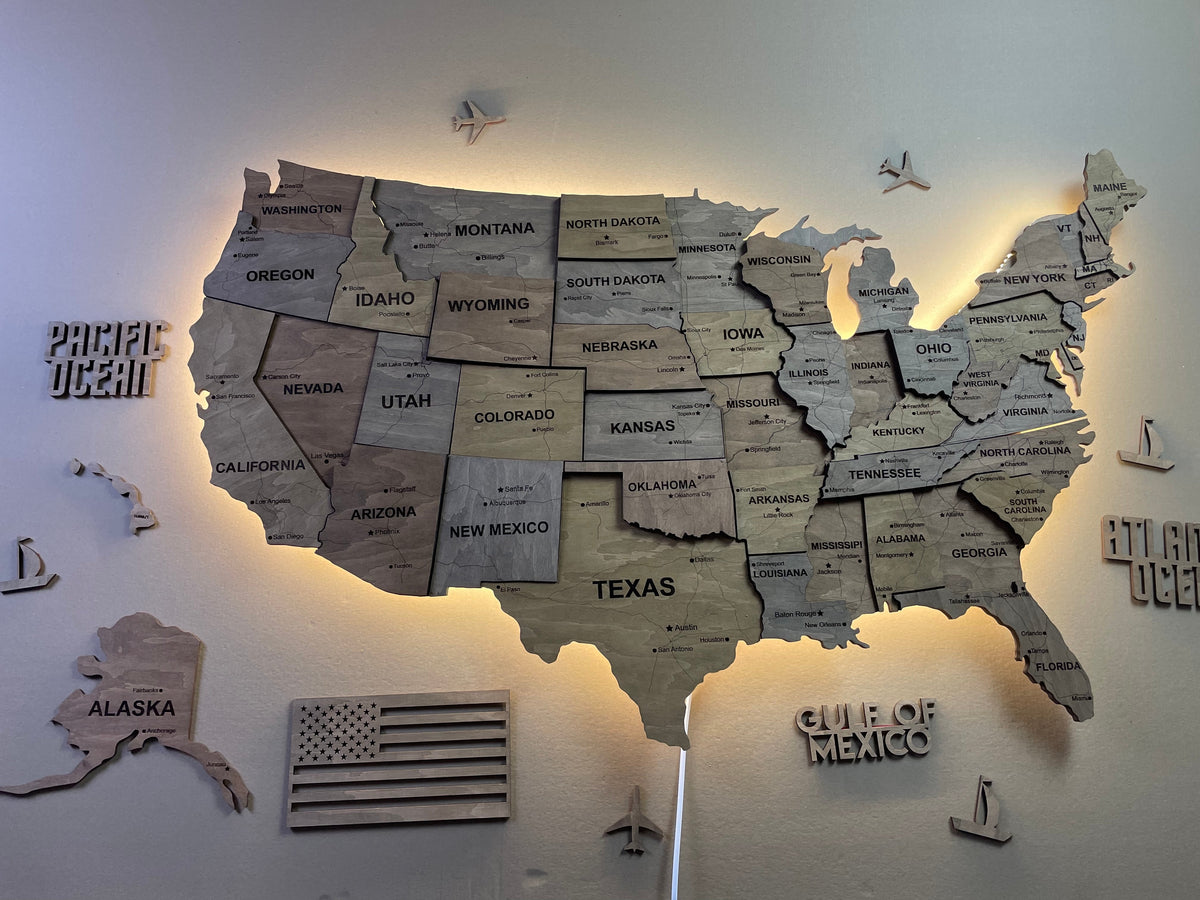 3D LED Wooden USA Map, color Dark Nut — buy | FACTURA