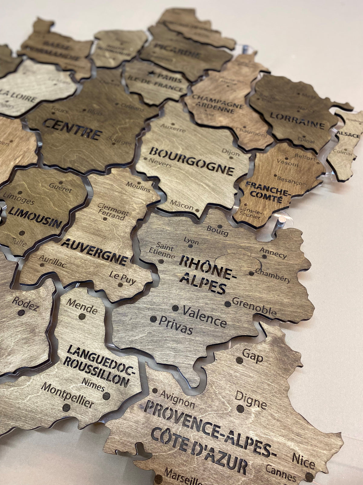 France LED map on acrylic glass with backlighting between regions color Baguette — buy | FACTURA