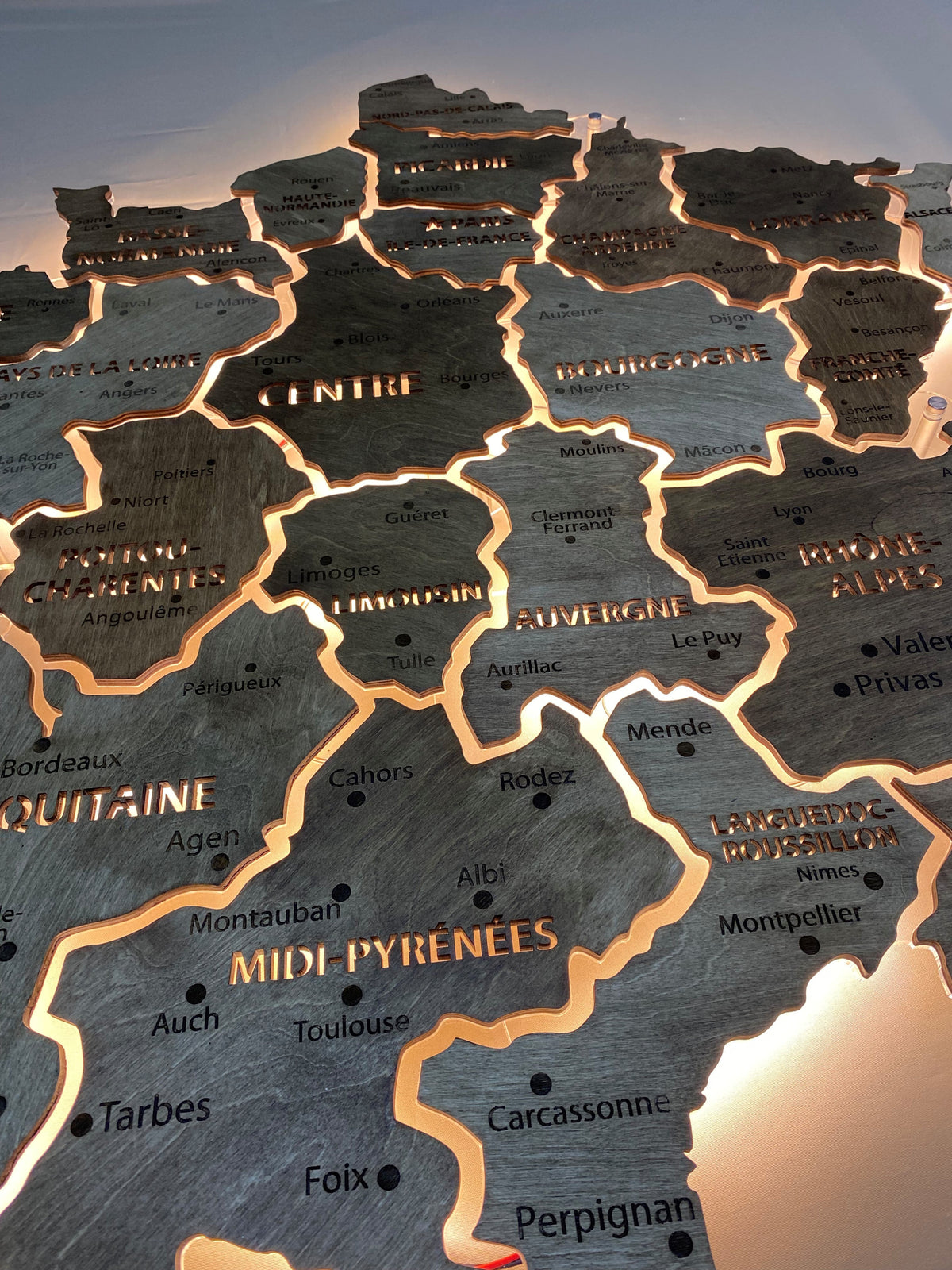France LED map on acrylic glass with backlighting between regions color Baguette — buy | FACTURA