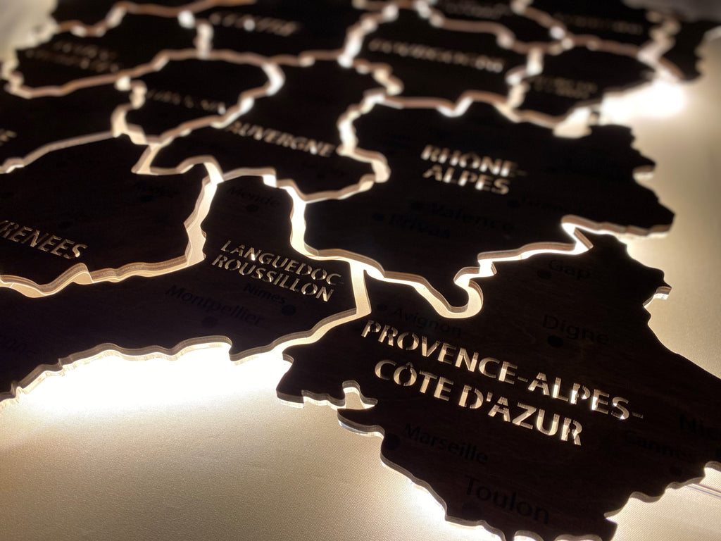 France LED map on acrylic glass with backlighting between regions color Baguette — buy | FACTURA