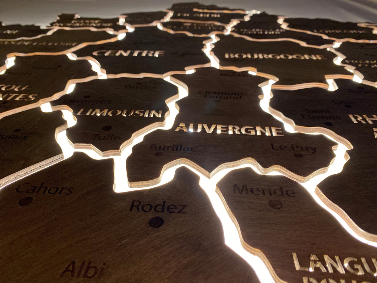 France LED map on acrylic glass with backlighting between regions color Baguette — buy | FACTURA