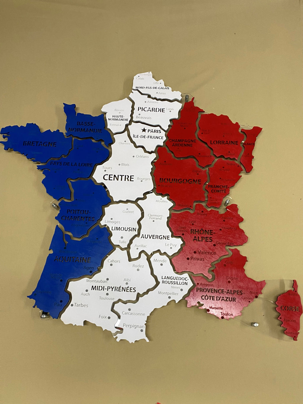 France LED map on acrylic glass with backlighting between regions color Flag — buy | FACTURA