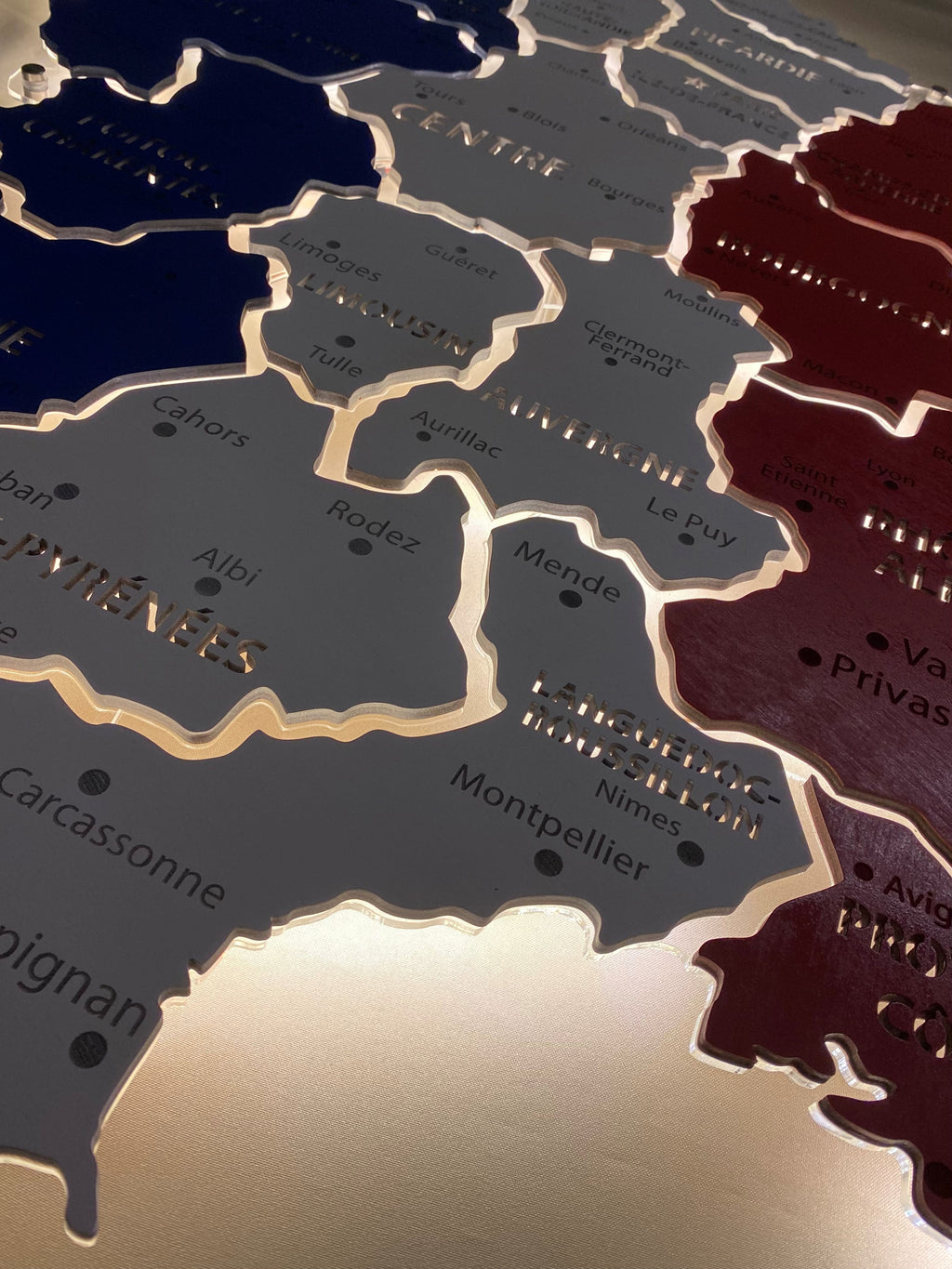 France LED map on acrylic glass with backlighting between regions color Flag — buy | FACTURA
