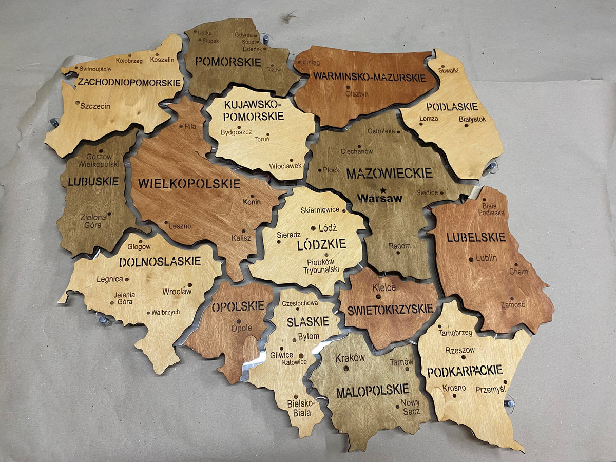Poland LED map on acrylic glass with backlighting between regions color Soft — buy | FACTURA
