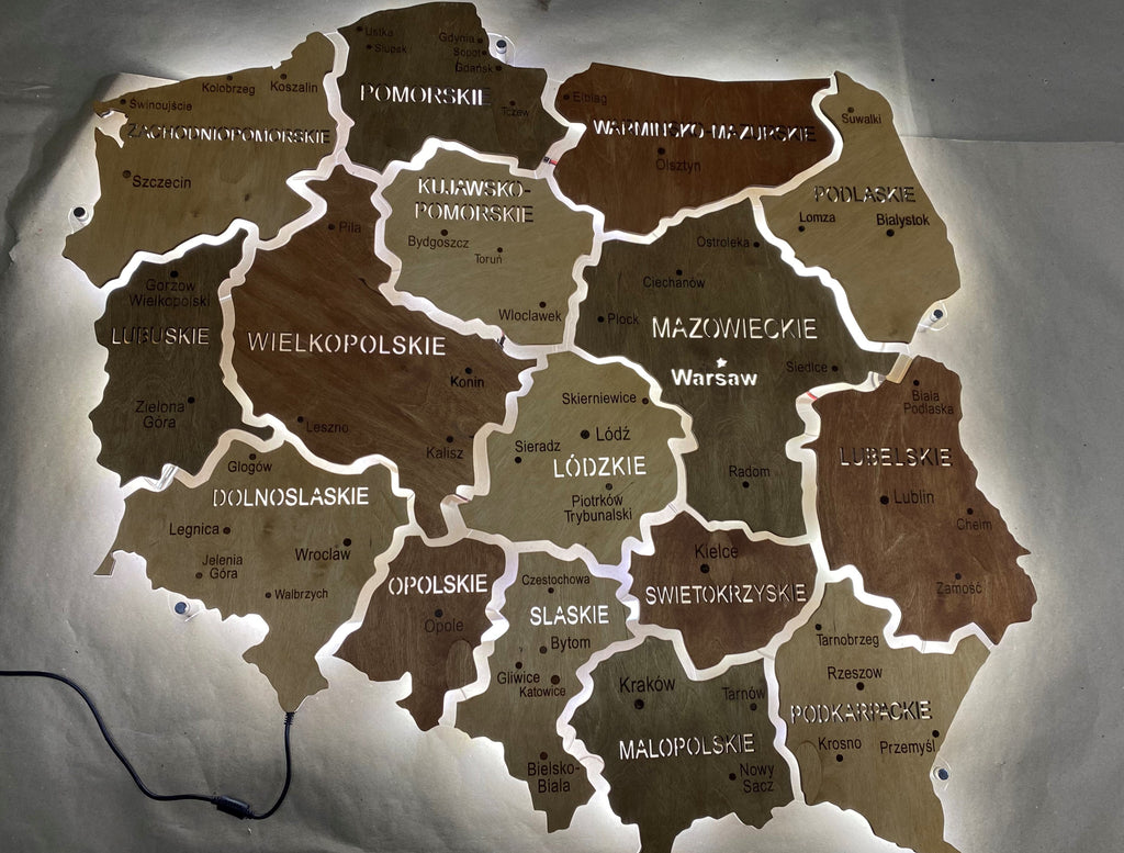 Poland LED map on acrylic glass with backlighting between regions color Soft — buy | FACTURA