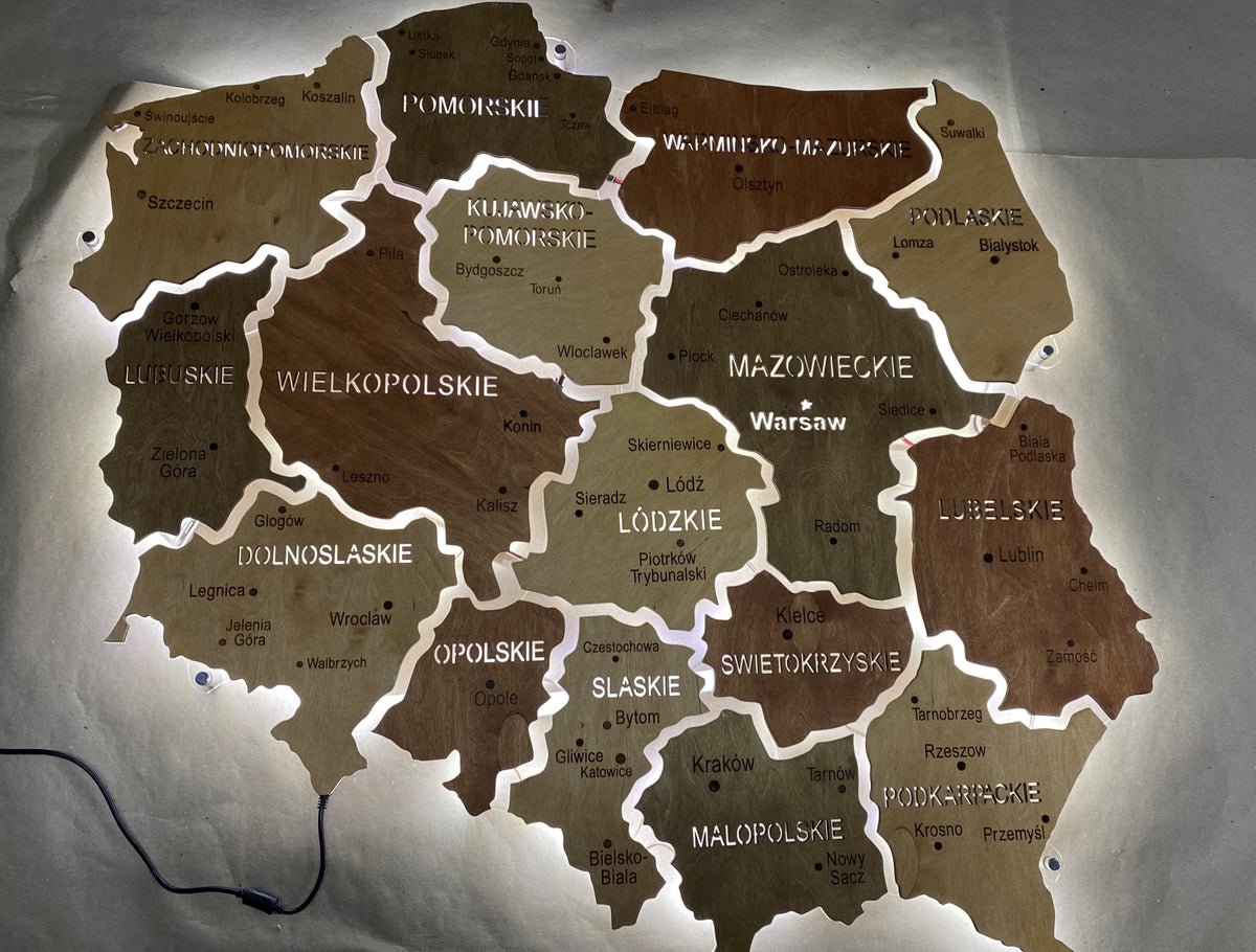 Poland LED map on acrylic glass with backlighting between regions color Soft — buy | FACTURA
