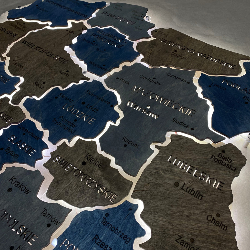 Poland LED map on acrylic glass with backlighting between regions color Lodz — buy | FACTURA