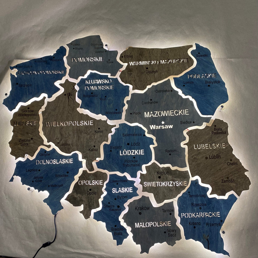 Poland LED map on acrylic glass with backlighting between regions color Lodz — buy | FACTURA