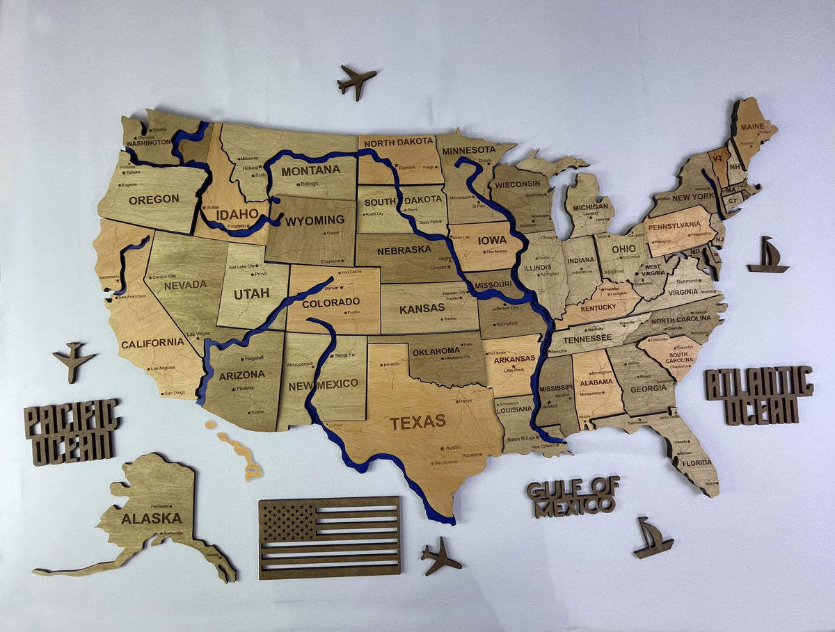 Wooden USA Map – With Rivers, color Light Tree — buy | FACTURA