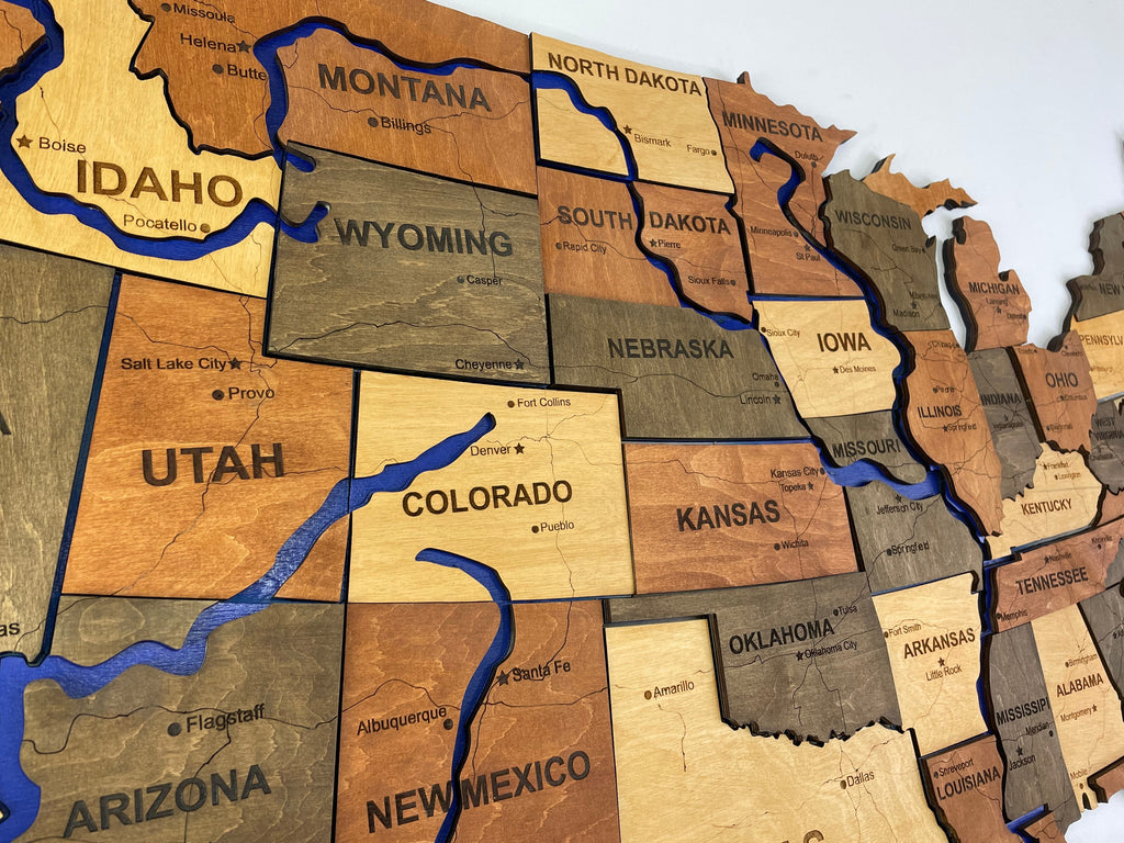 Wooden USA Map – With Rivers, color Warm — buy | FACTURA