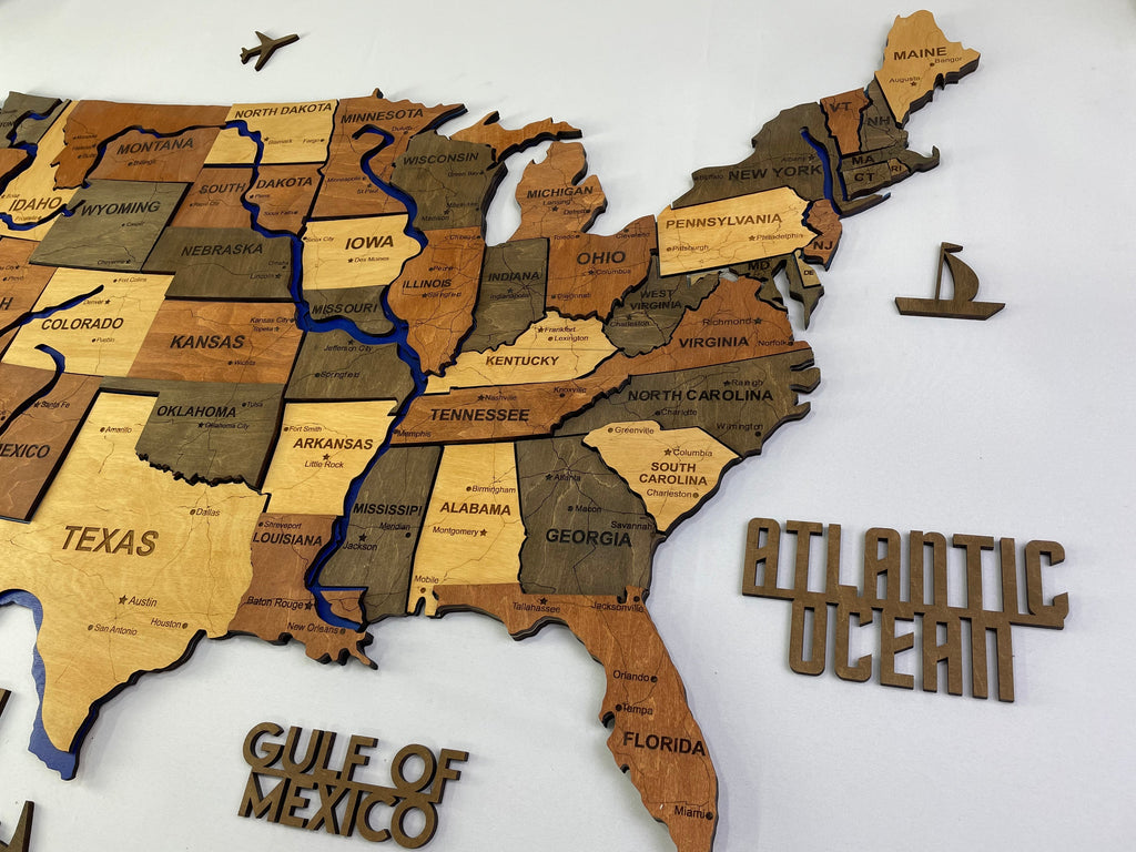 Wooden USA Map – With Rivers, color Warm — buy | FACTURA