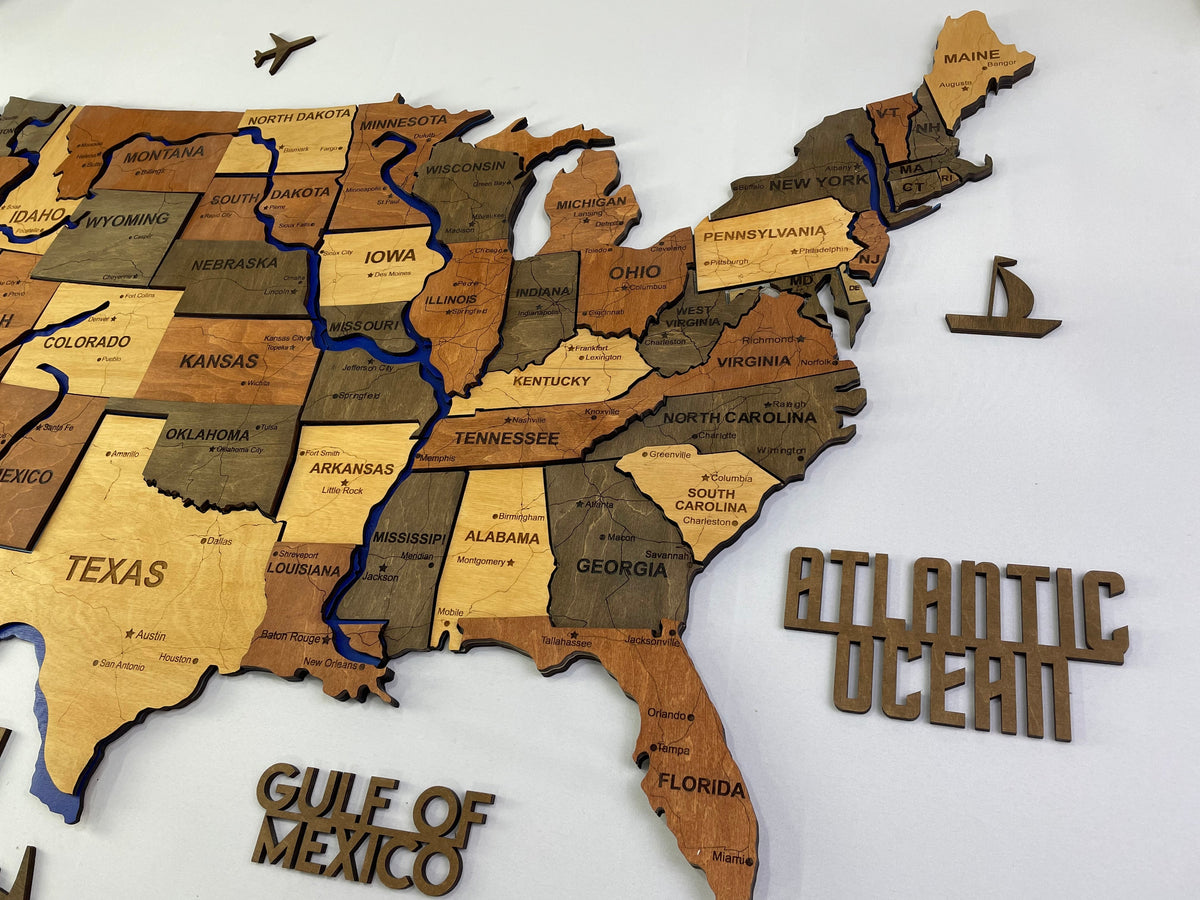 Wooden USA Map – With Rivers, color Warm — buy | FACTURA