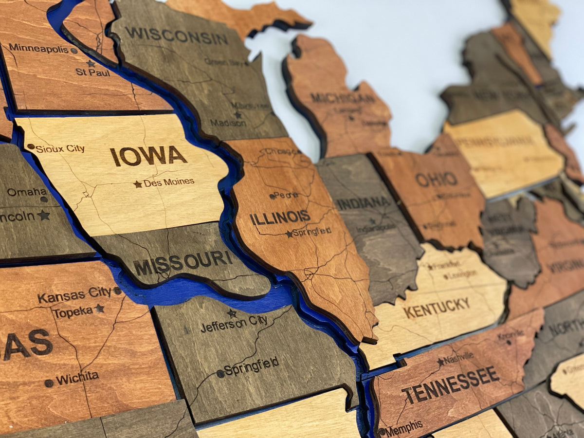 Wooden USA Map – With Rivers, color Warm — buy | FACTURA