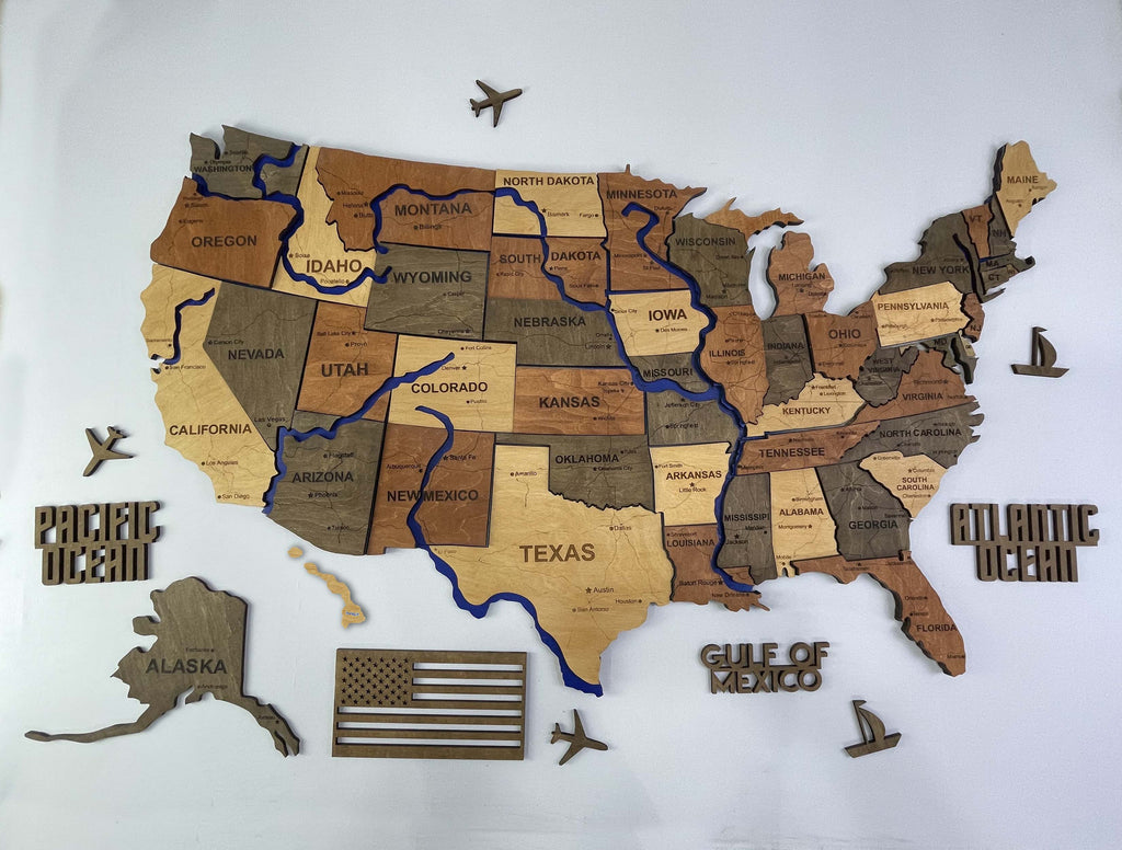 Wooden USA Map – With Rivers, color Warm — buy | FACTURA