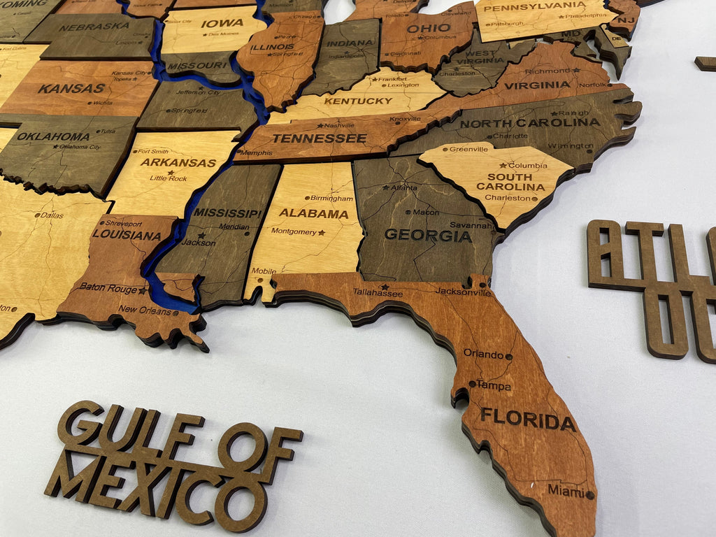 Wooden USA Map – With Rivers, color Warm — buy | FACTURA