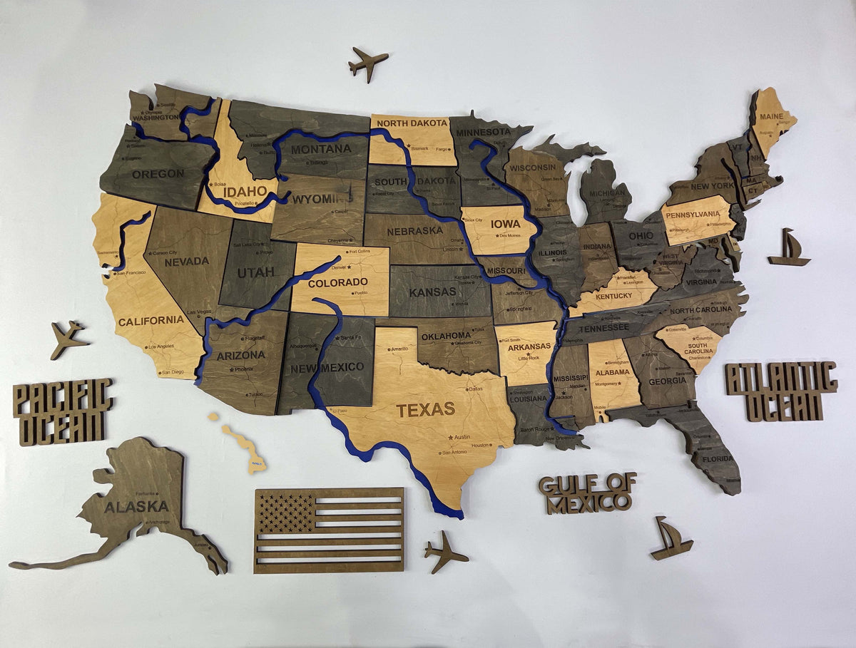 Wooden USA Map – With Rivers, color Brut — buy | FACTURA