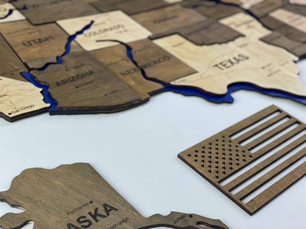 Wooden USA Map – With Rivers, color Wonder — buy | FACTURA