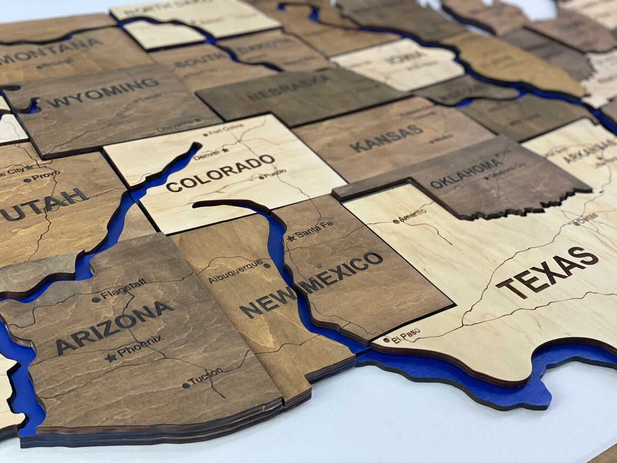 Wooden USA Map – With Rivers, color Wonder — buy | FACTURA