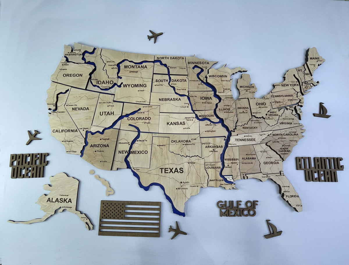 Wooden USA Map – With Rivers, color Natural — buy | FACTURA
