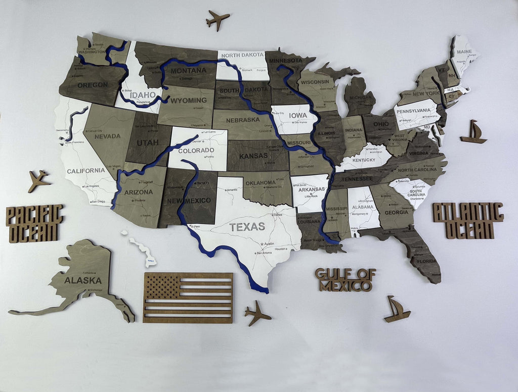 Wooden USA Map – With Rivers, color Black&White — buy | FACTURA
